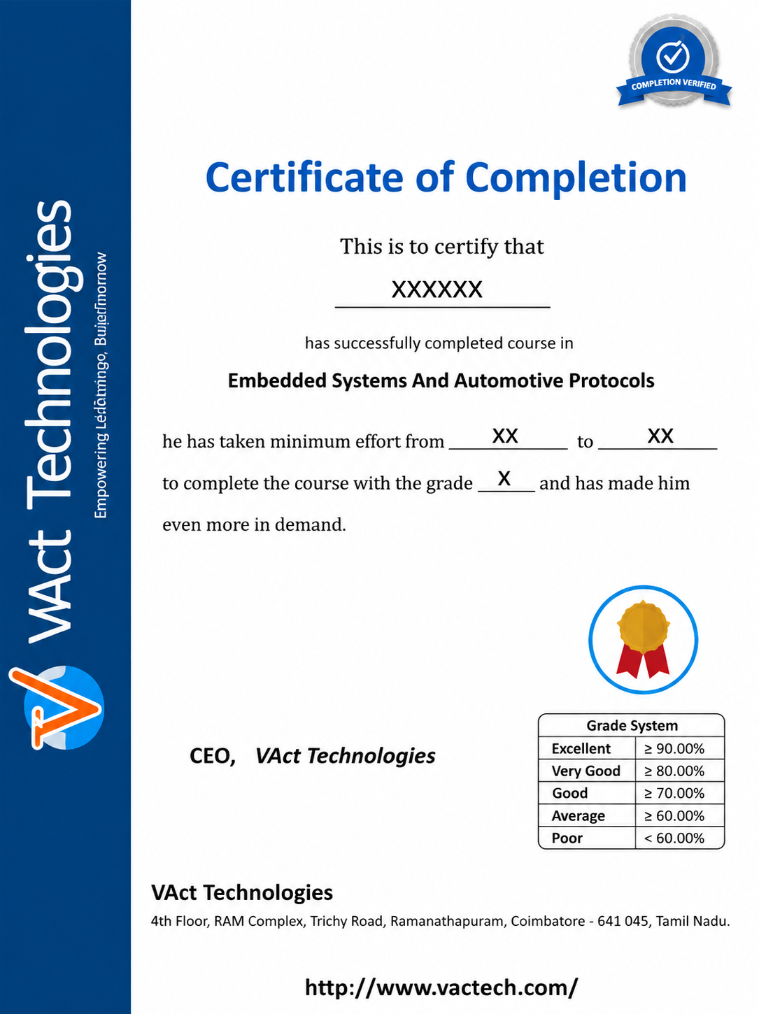 VAct Career Completion Certificate